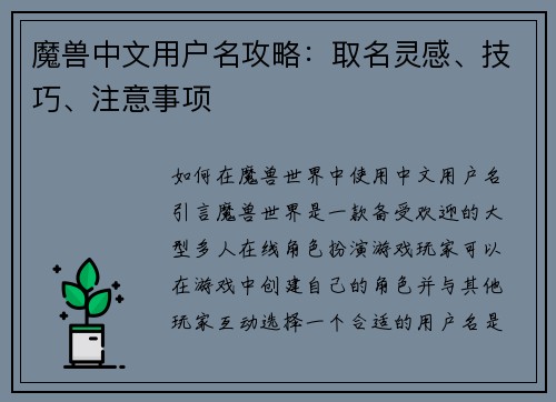 魔兽中文用户名攻略：取名灵感、技巧、注意事项